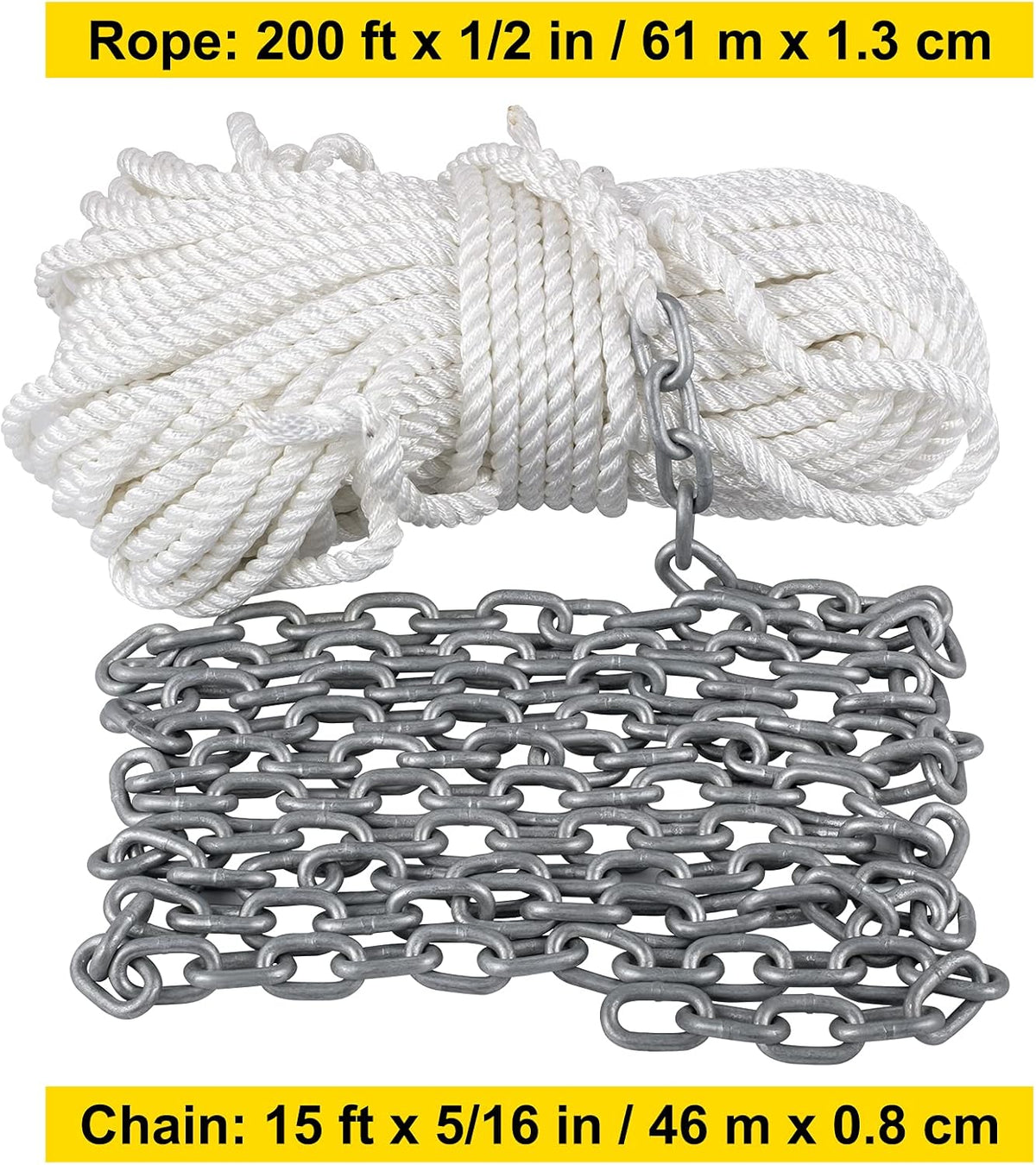 15' x 5/16" Boat Anchor Chain, 1/2" x 200' Nylon Rope, Galvanized Steel Chain L454