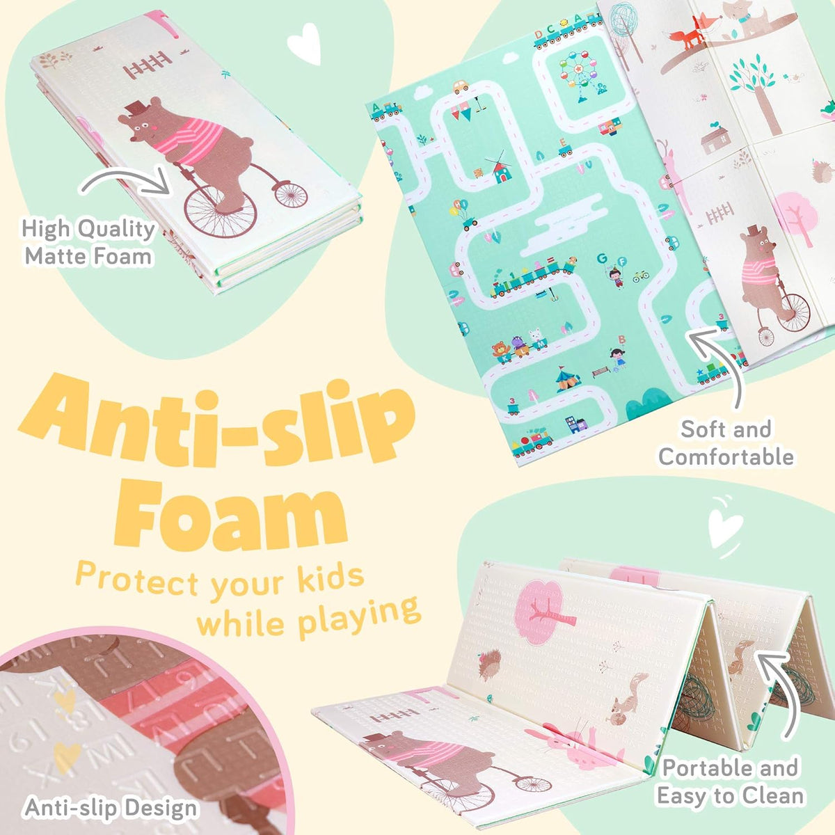 Reversible Non-Slip Waterproof Foam Baby Play Mat with Case, 6.5ft x 6ft J706