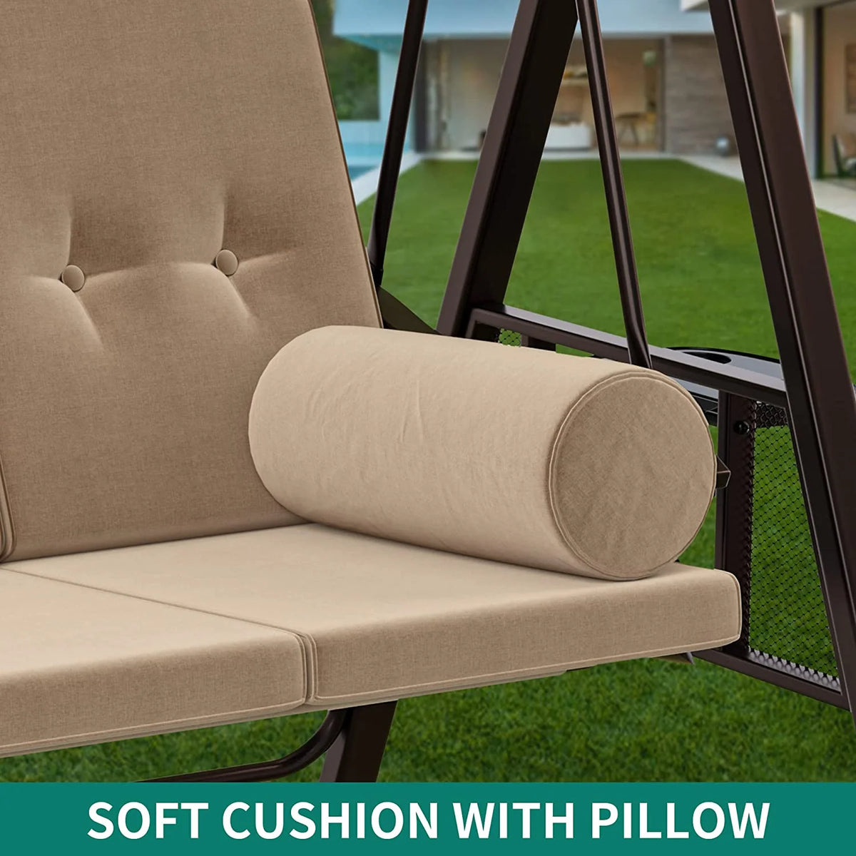 Brown 3-Seat Steel Frame Porch Swing with Canopy and Cushions M536