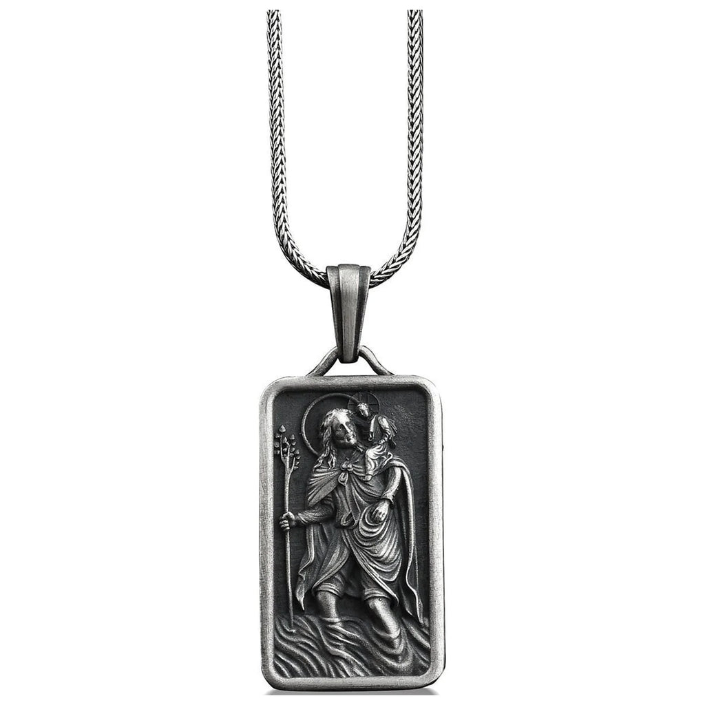 Silver St Christopher and Jesus Pendant Necklace S820379