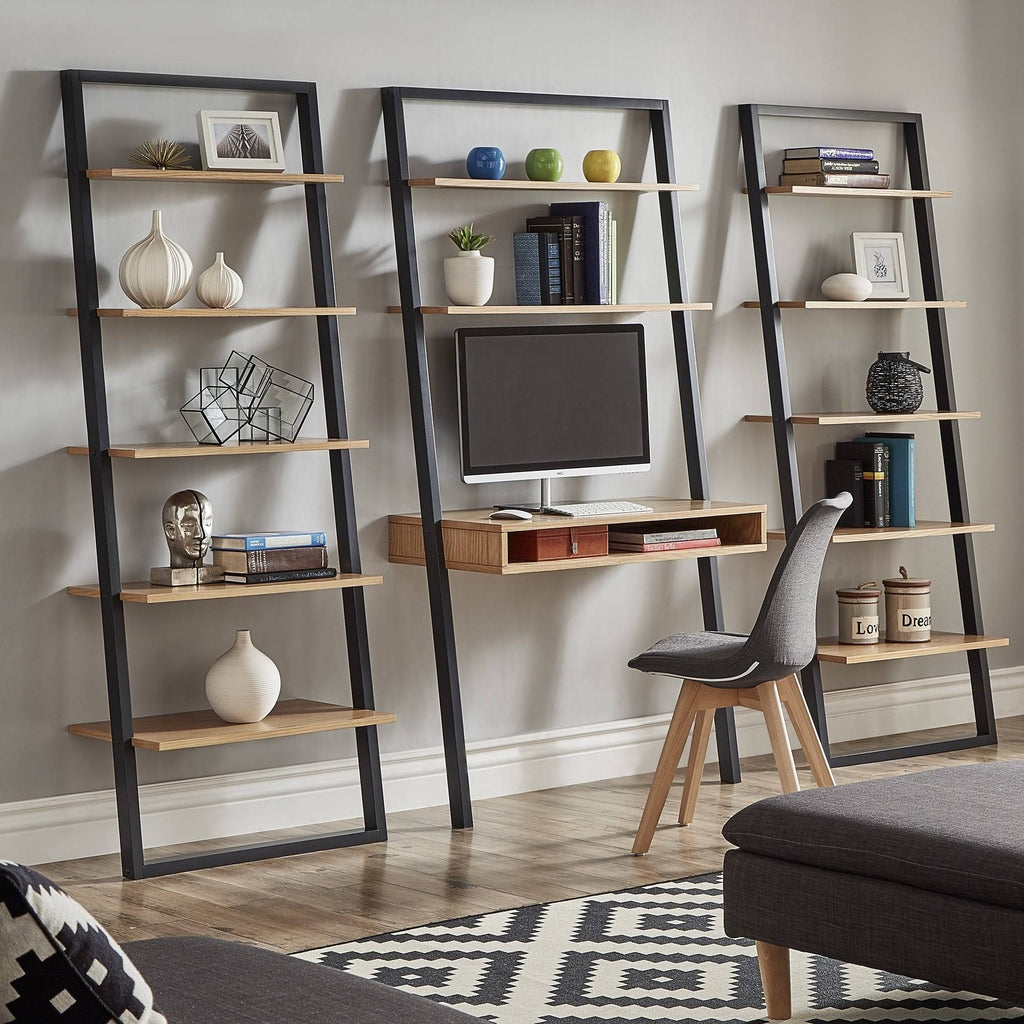 Black and Oak Finish Leaning Ladder Shelves O8416