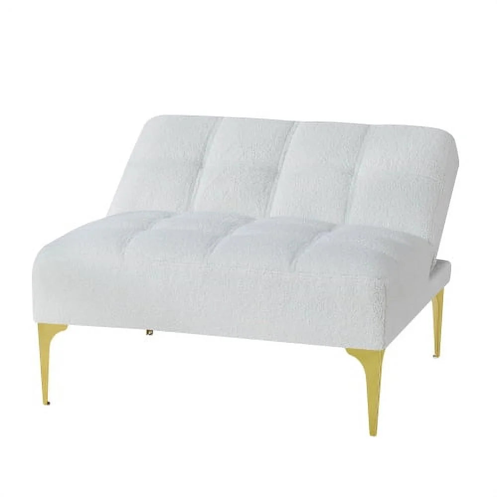 White Teddy Fabric Convertible Sofa Bed Futon with Gold Metal Legs H4477