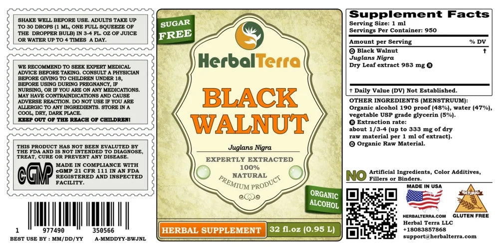 Black Walnut Dry Leaf Alcohol-Based Liquid Extract Tincture 32 Fl.Oz W9456