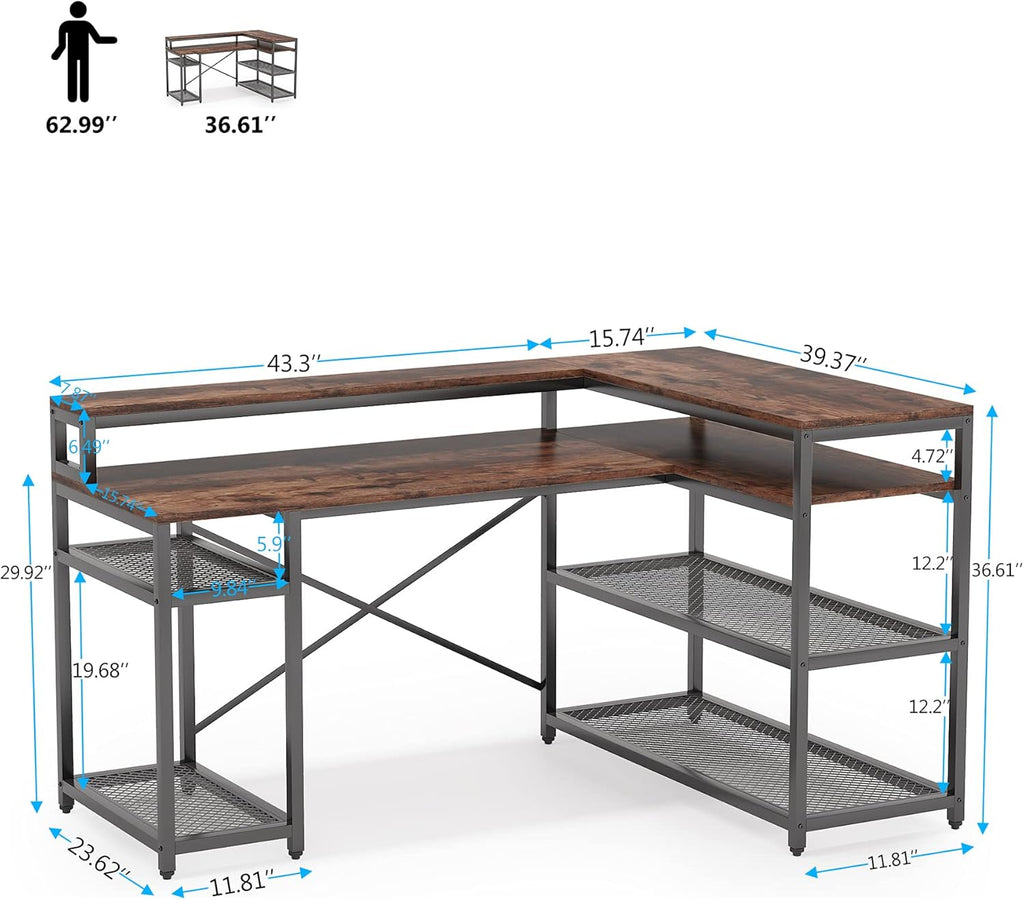 L Shaped Desk with Monitor Stand and Storage Shelf Y90798