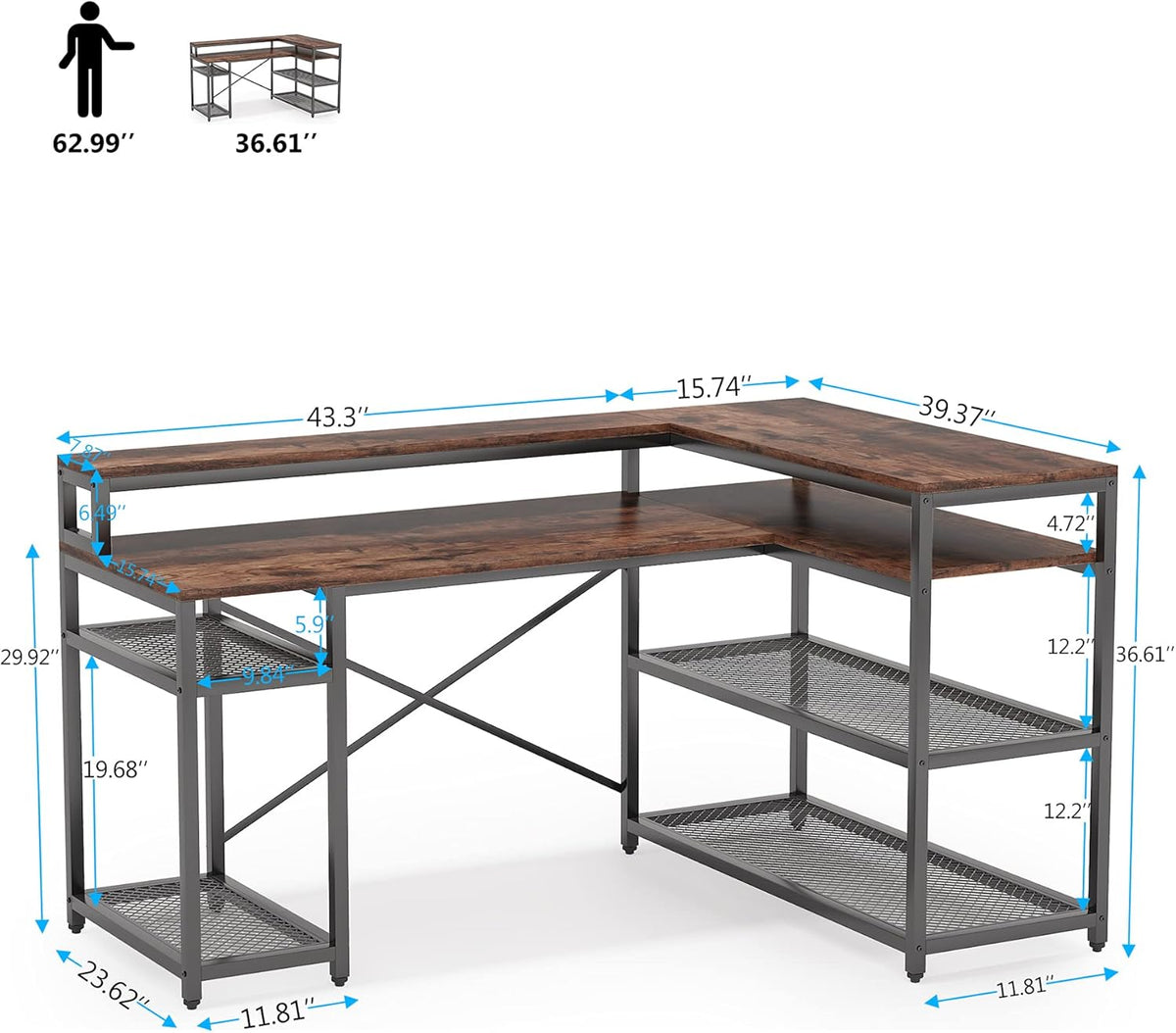L Shaped Desk with Monitor Stand and Storage Shelf Y90798