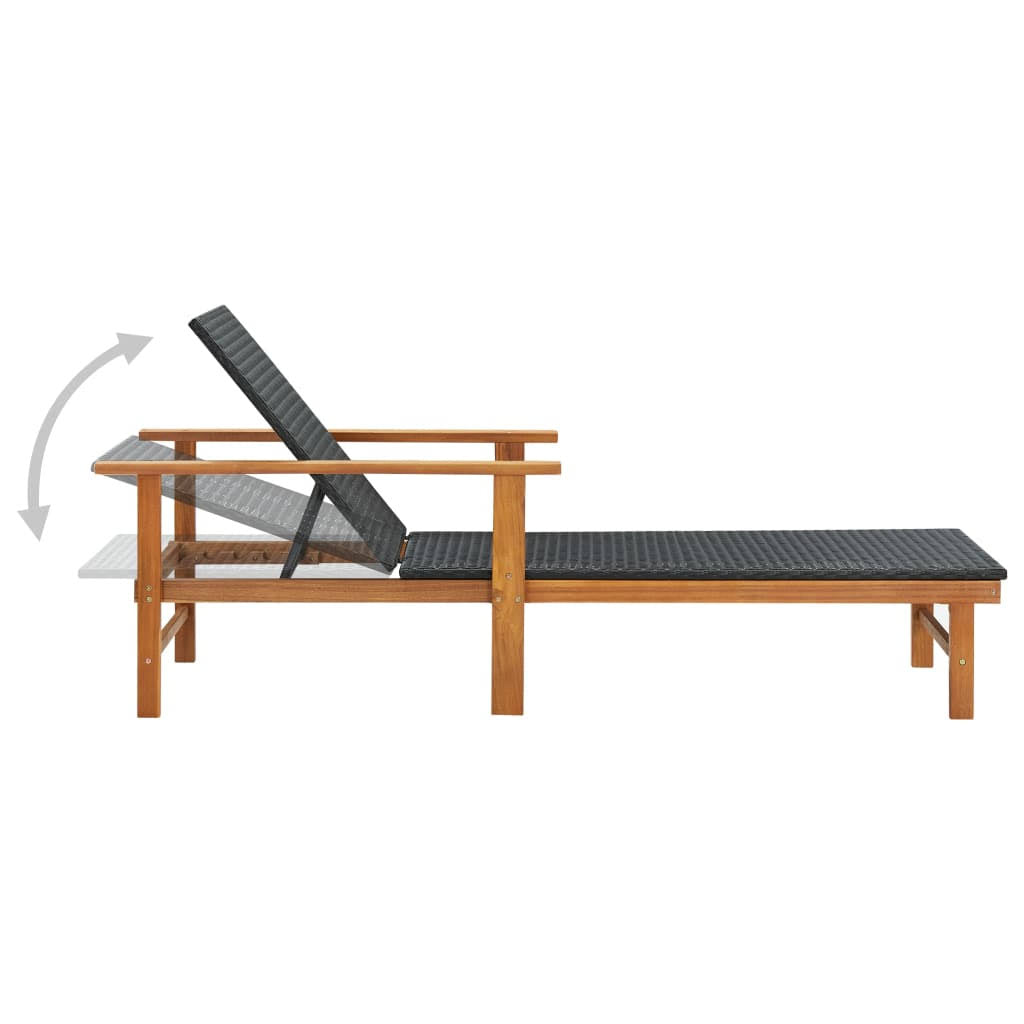 Black Poly Rattan and Solid Acacia Wood Sun Lounger L664