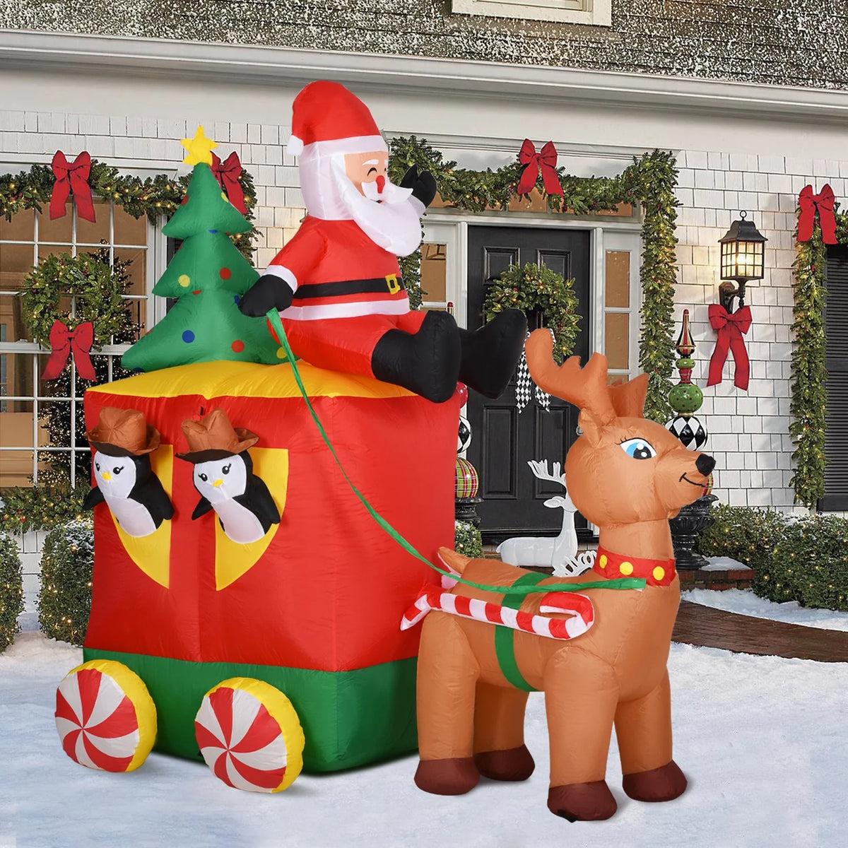 6.2FT Inflatable Elk with Santa Claus Penguin and Christmas Tree Outdoor Yard Decoration X6871