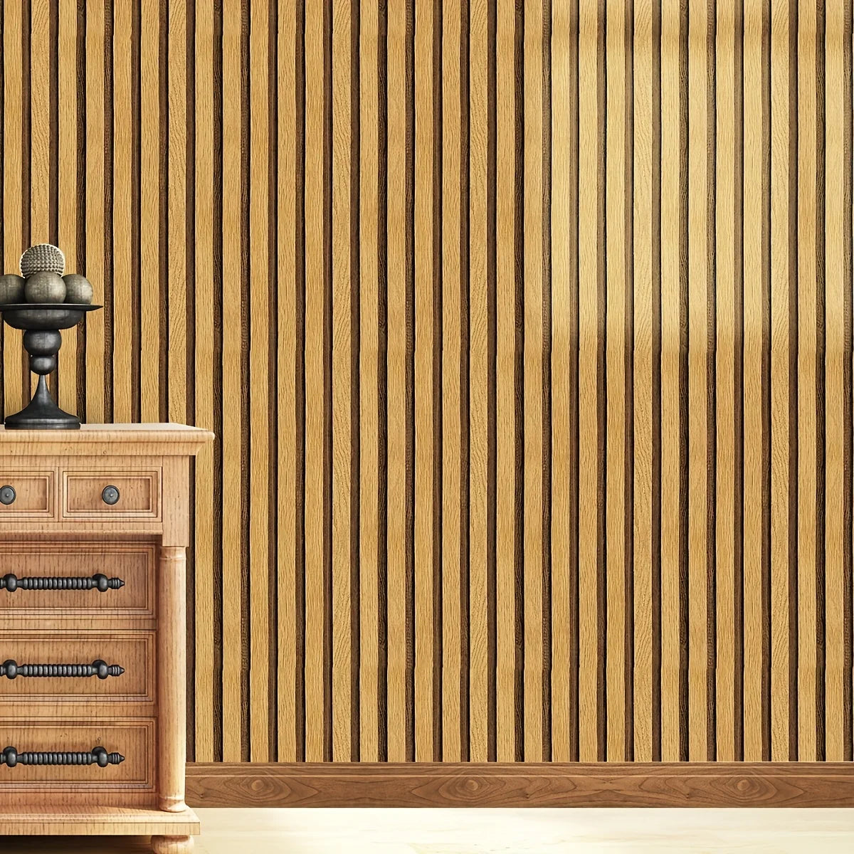 Glossy Light Brown Wood Grain Stripe Wallpaper T884361