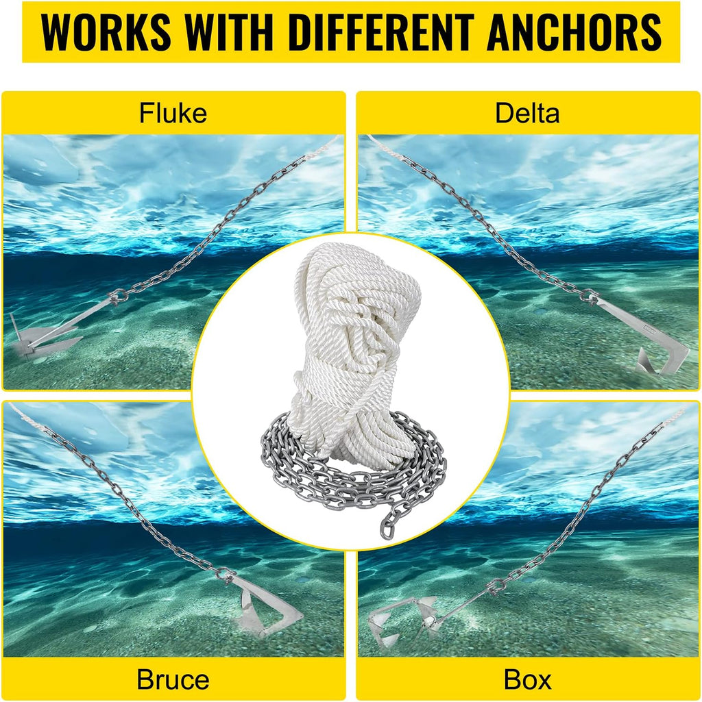 15' x 5/16" Boat Anchor Chain, 1/2" x 200' Nylon Rope, Galvanized Steel Chain L454