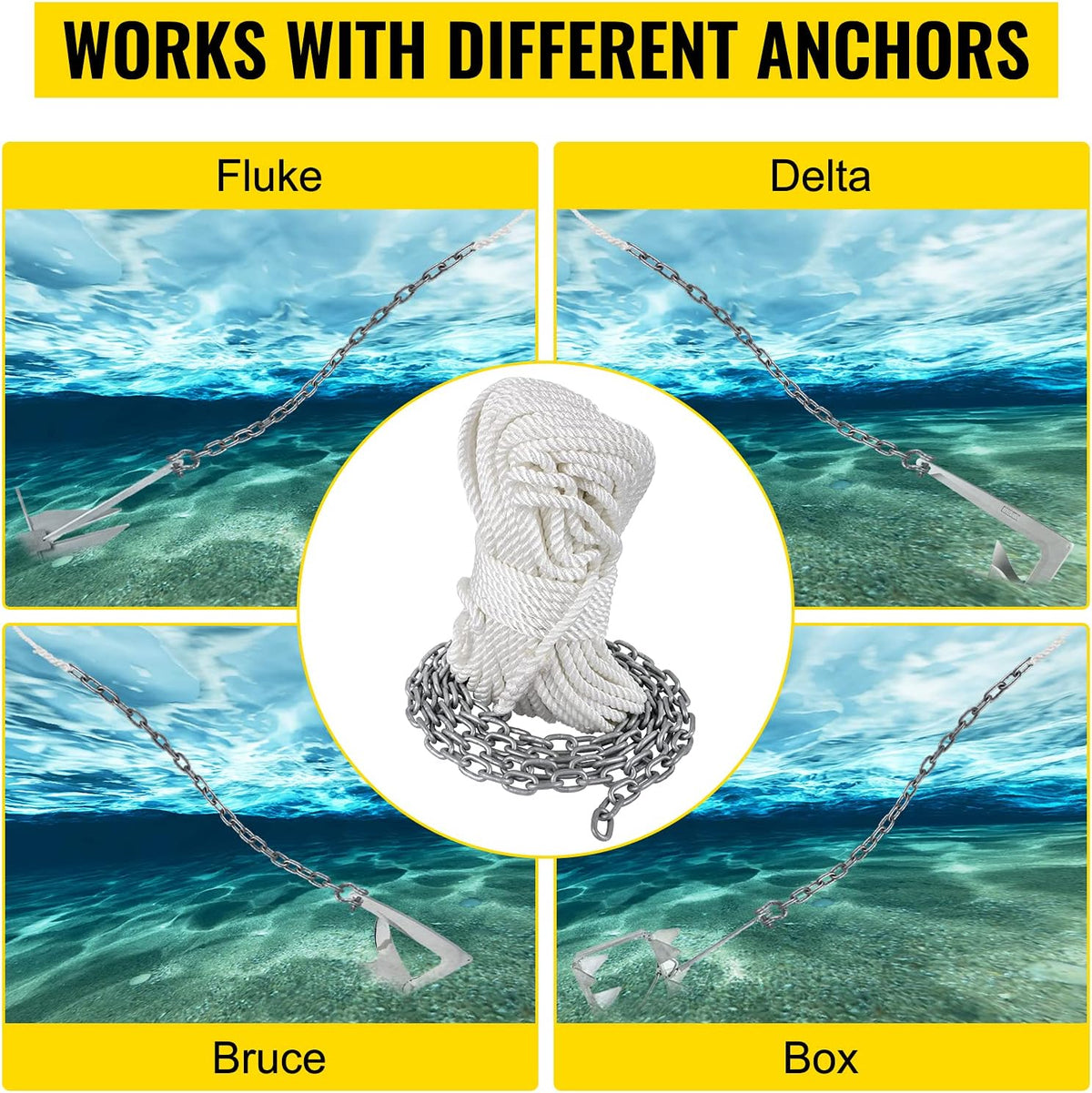 15' x 5/16" Boat Anchor Chain, 1/2" x 200' Nylon Rope, Galvanized Steel Chain L454
