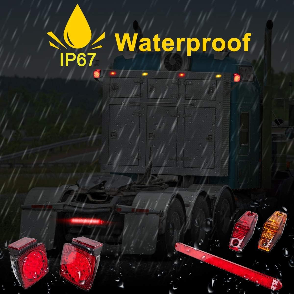 LED Trailer Lights Kit, Submersible Square Stop Turn Tail Lights with Wire & Bracket, Red/Amber Side Marker Lights, 3rd Brake ID Light Bar T368793