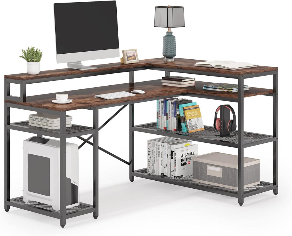 L Shaped Desk with Monitor Stand and Storage Shelf Y90798