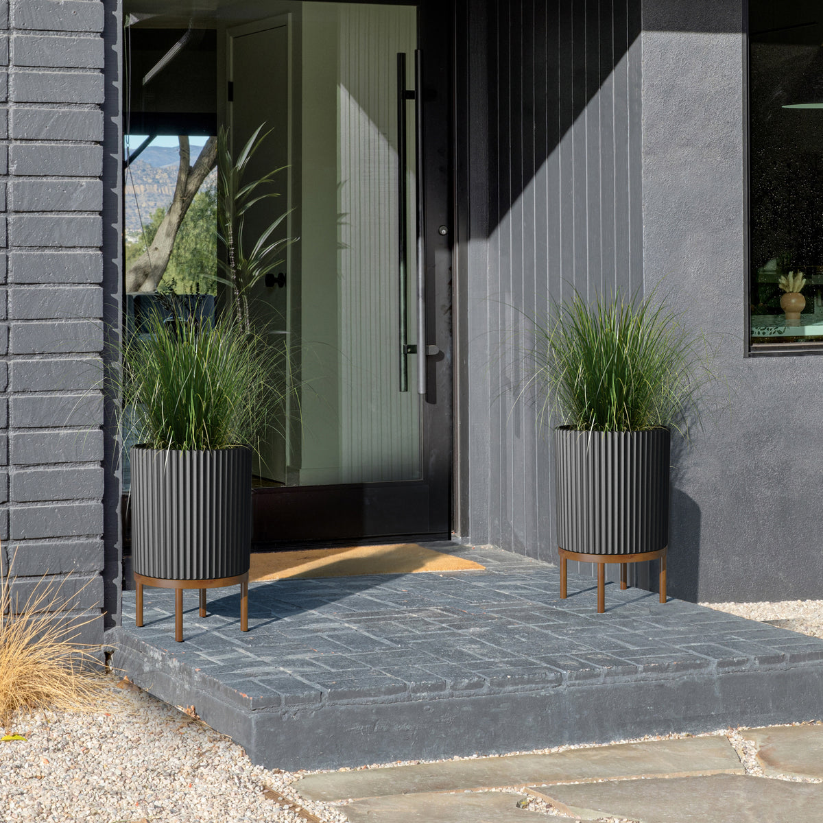 2-Pack Black/Brown Plastic-Stone Planter with Stand F38736