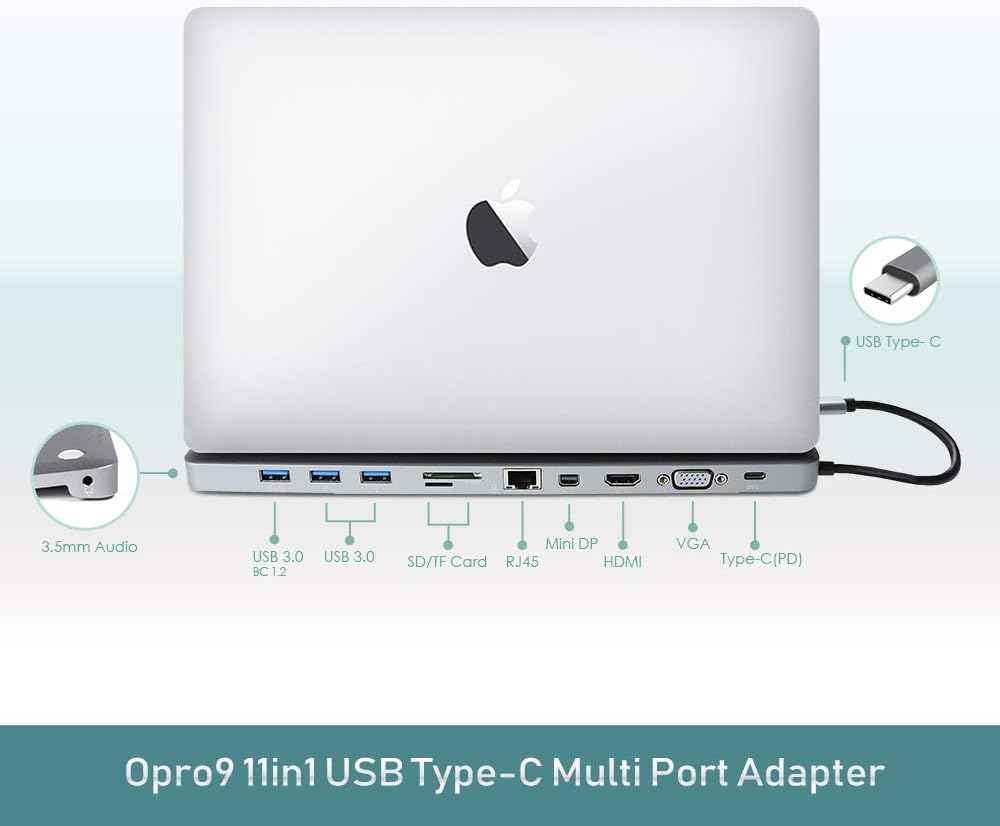 11-in-1 USB C Hub Adapter with HDMI, VGA, MiniDP, SD Card Reader, 3 x USB 3.0 Ports, Gigabit Ethernet, Headphone Jack, Gray A536108