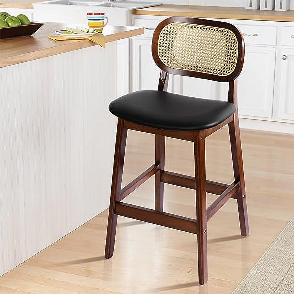 Black Leather Rattan Barstools Set of 2 with Wood Frame S690