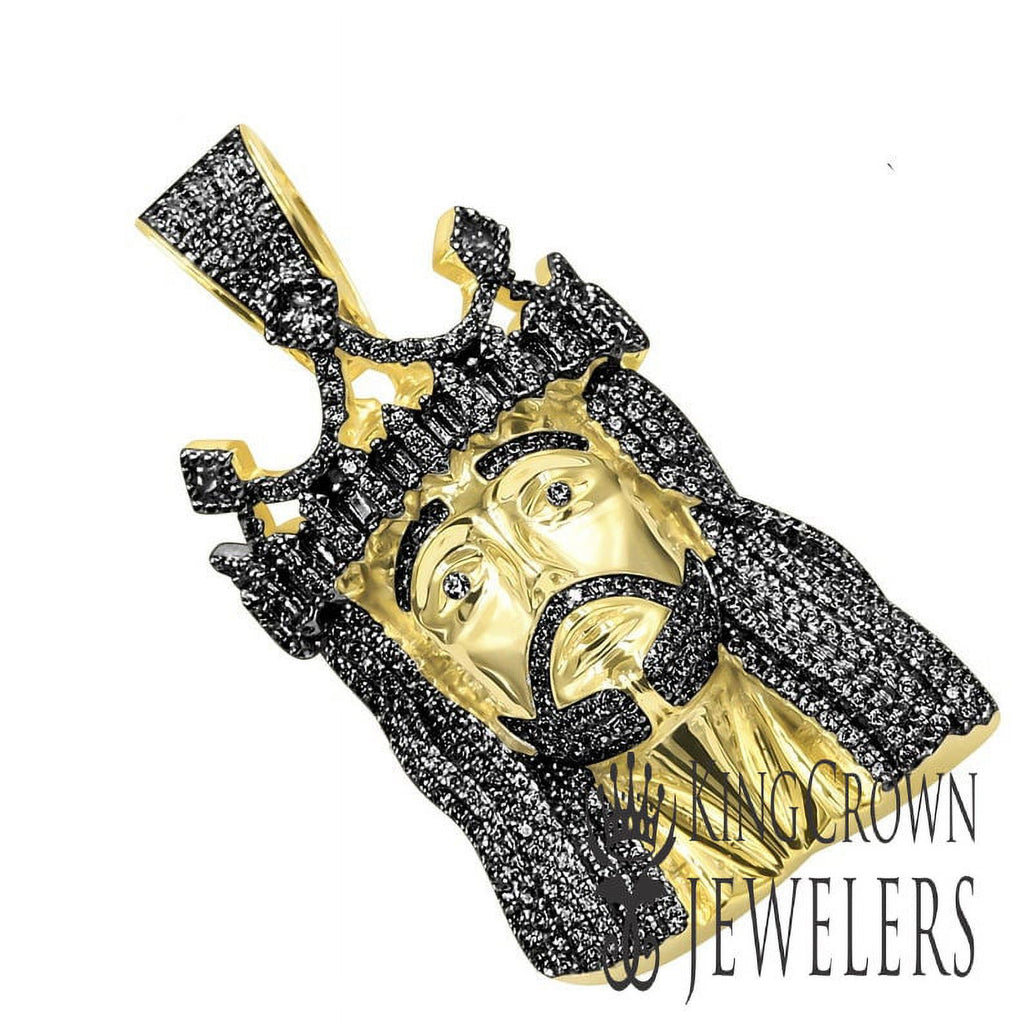 Real Yellow Gold Sterling Silver Black Simulated Diamonds Jesus Face Pendent Charm 2.25'' V270