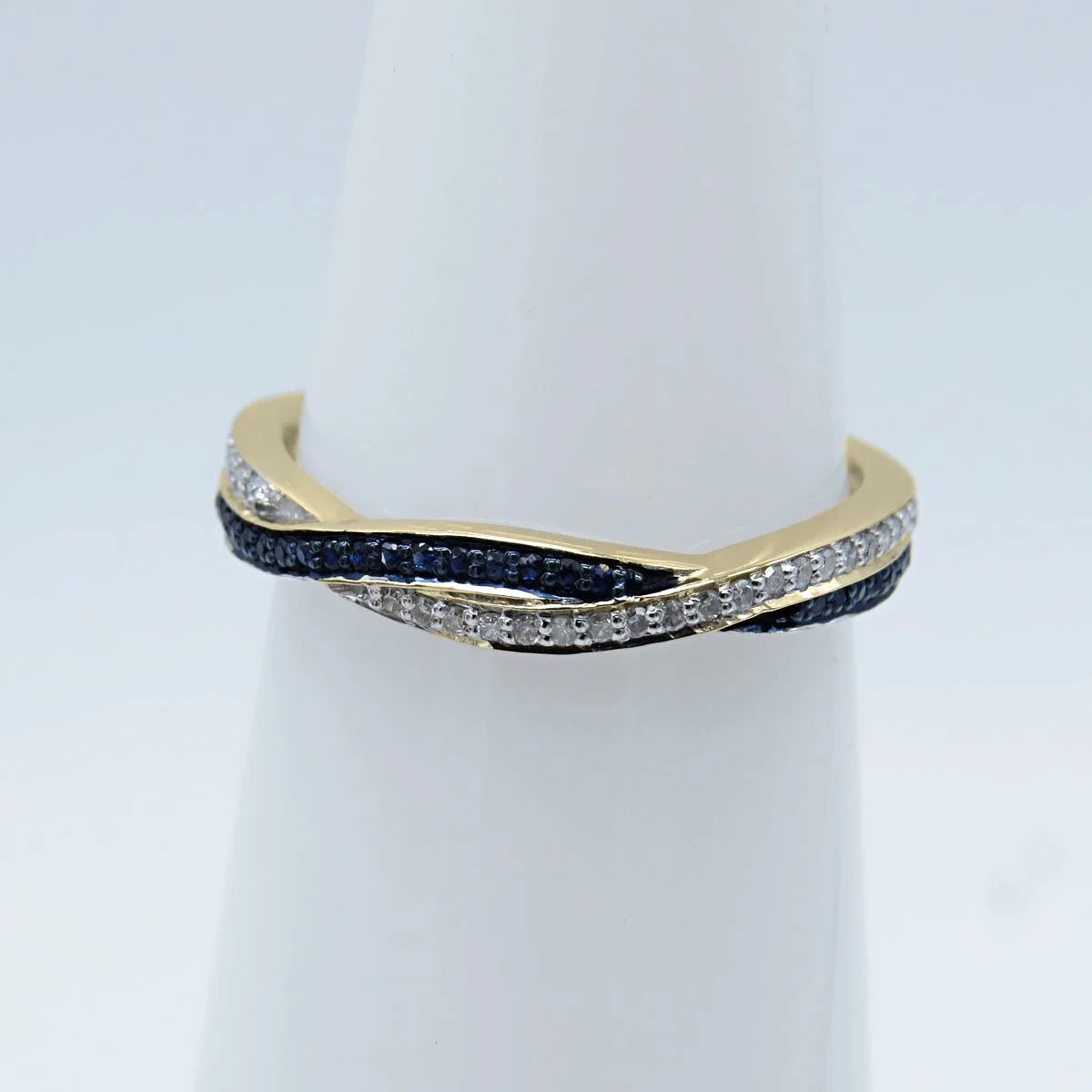 10K Yellow Gold Blue Sapphire White Diamond Ring Size 7.5 J947472