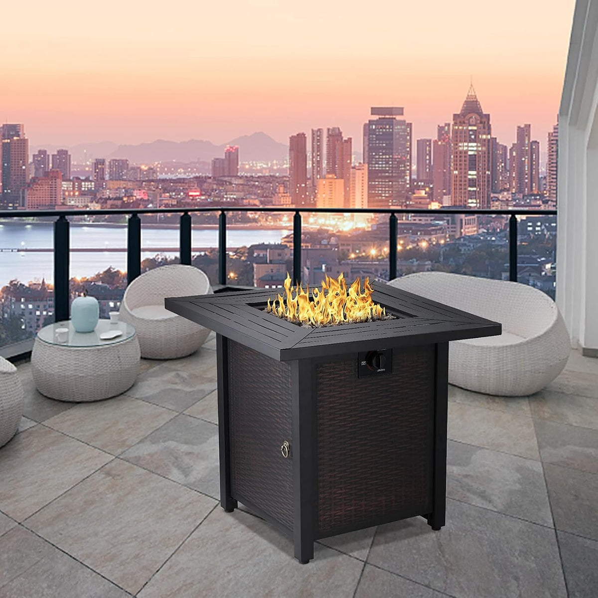 28 Inch Square Propane Fire Pit Table with Lid, Lava Stone, 50,000 BTU Auto-Ignition Y5152
