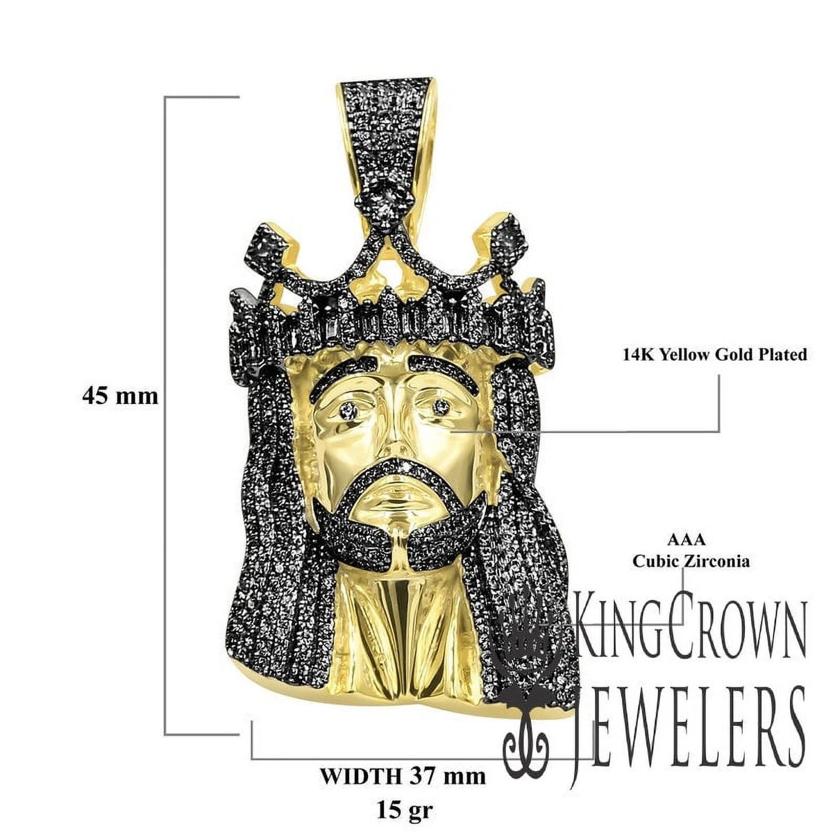 Real Yellow Gold Sterling Silver Black Simulated Diamonds Jesus Face Pendent Charm 2.25'' V270