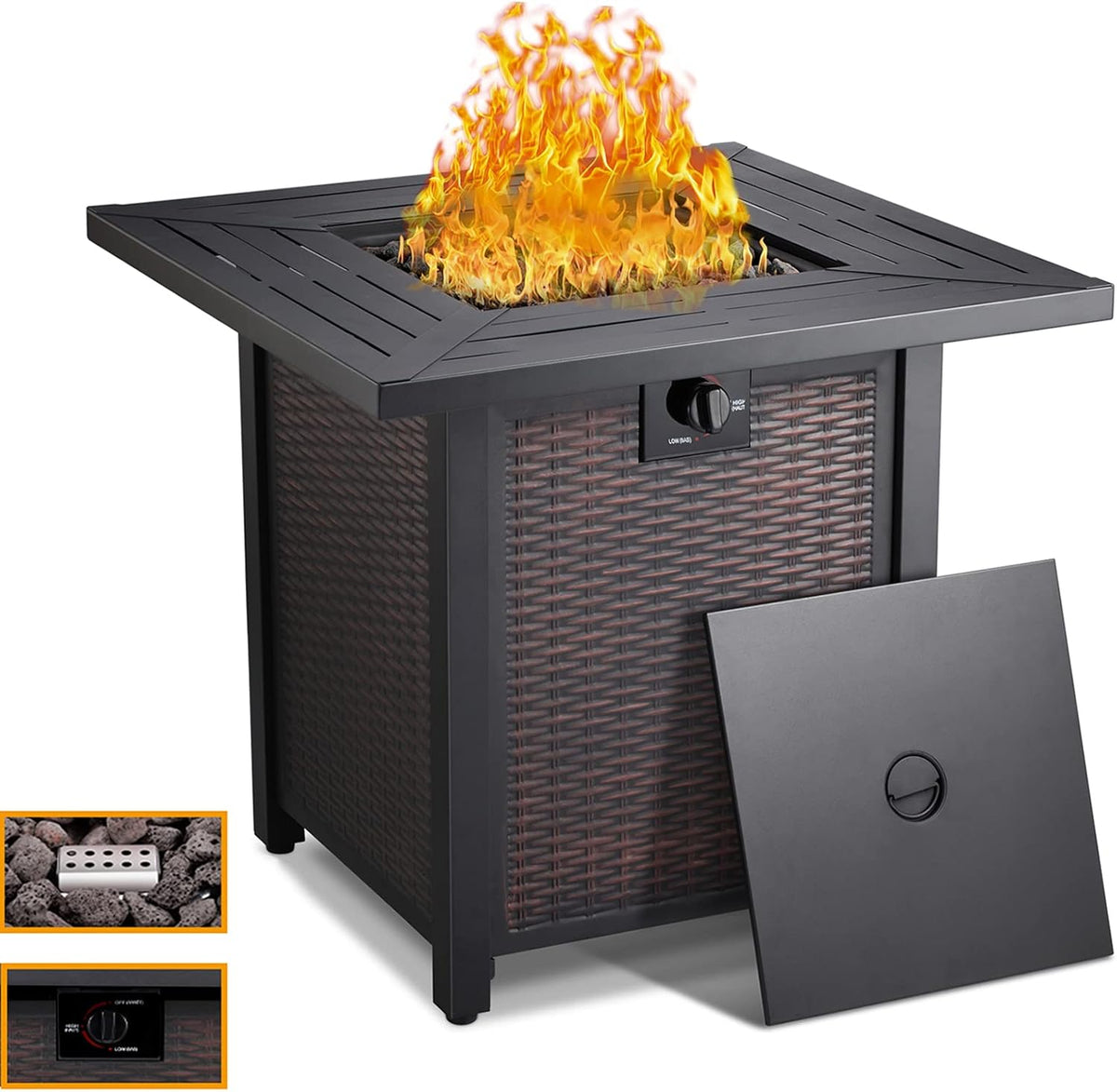 28 Inch Square Propane Fire Pit Table with Lid, Lava Stone, 50,000 BTU Auto-Ignition Y5152