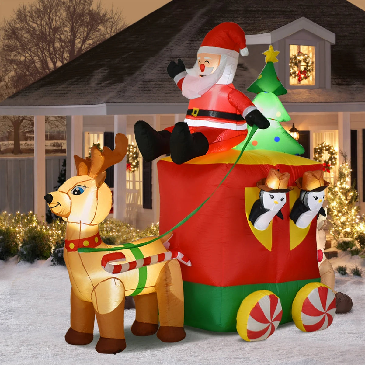 6.2FT Inflatable Elk with Santa Claus Penguin and Christmas Tree Outdoor Yard Decoration X6871