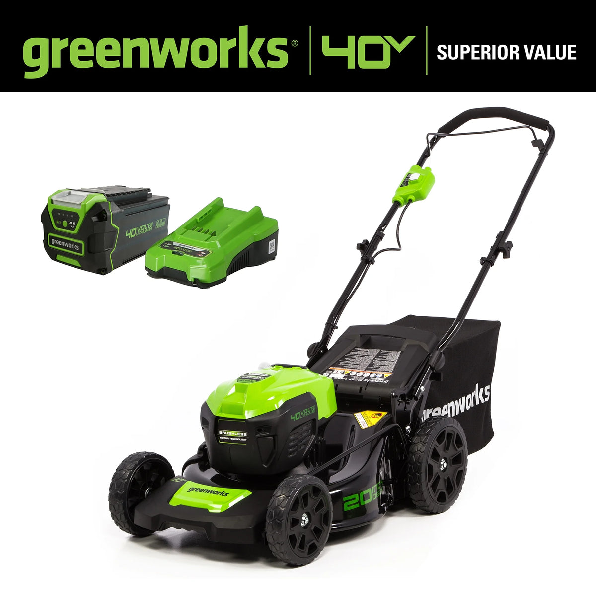 40V 20" Brushless Push Lawn Mower with 4.0 Ah Battery & Quick Charger E485875
