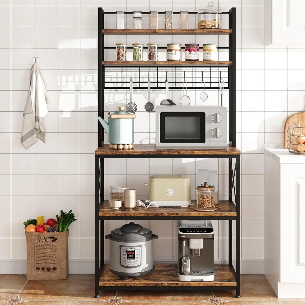 5-Tier Kitchen Utility Storage Shelf with 6 Hooks, Rustic Brown C39918