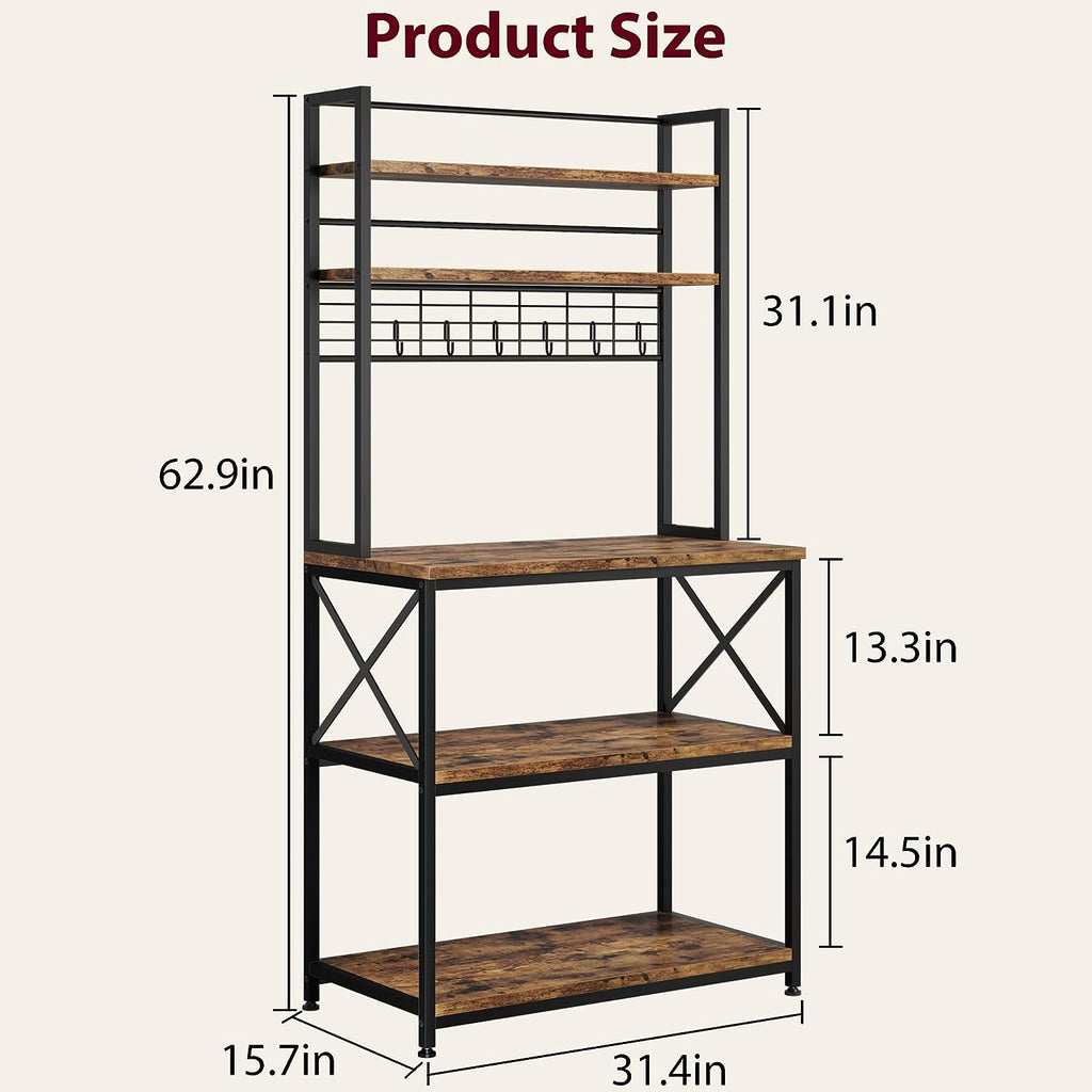 5-Tier Kitchen Utility Storage Shelf with 6 Hooks, Rustic Brown C39918