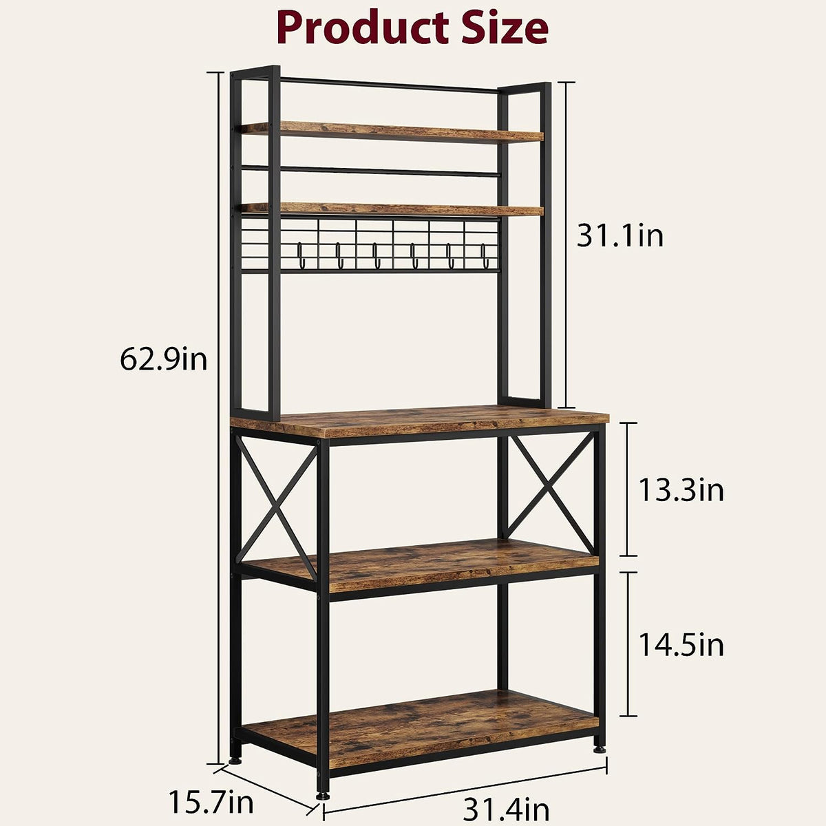 5-Tier Kitchen Utility Storage Shelf with 6 Hooks, Rustic Brown C39918