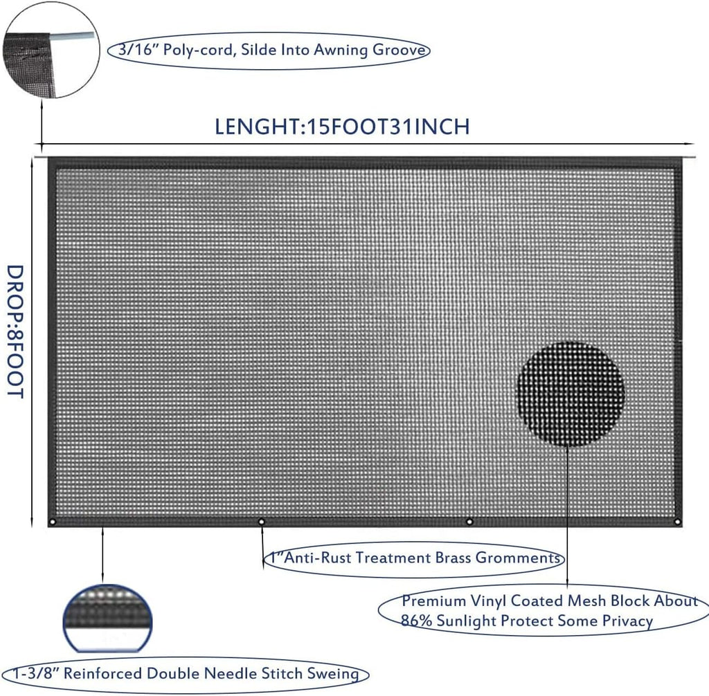 Black Mesh RV Awning Shade Screen with Zipper 15'X8' F3933