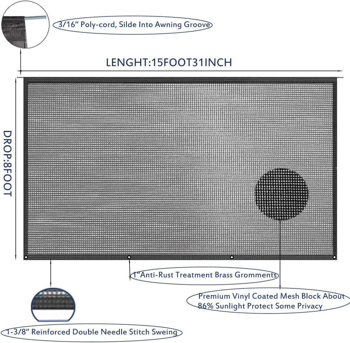 Black Mesh RV Awning Shade Screen with Zipper 15'X8' F3933