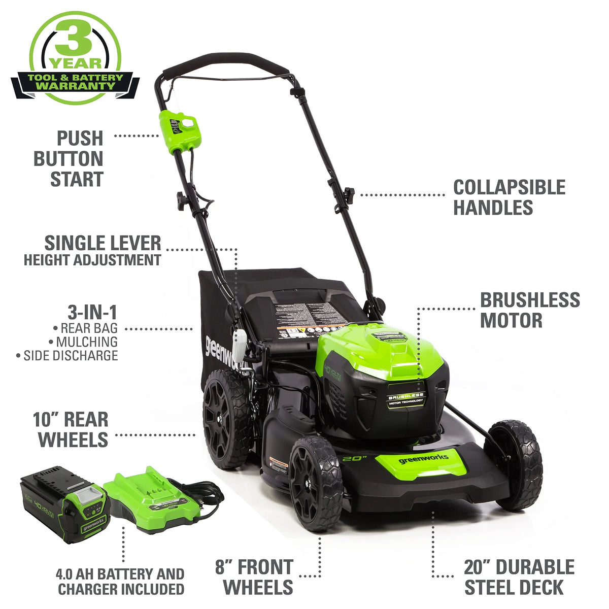 40V 20" Brushless Push Lawn Mower with 4.0 Ah Battery & Quick Charger E485875