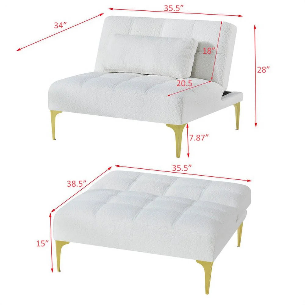 White Teddy Fabric Convertible Sofa Bed Futon with Gold Metal Legs H4477