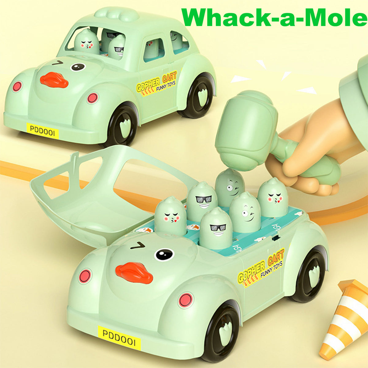 Whack a Mole Game Hammering Pounding Learning Toy with Cute Duck Friction Powered Car, Mallets, Baby Early Developmental Board Games F7074