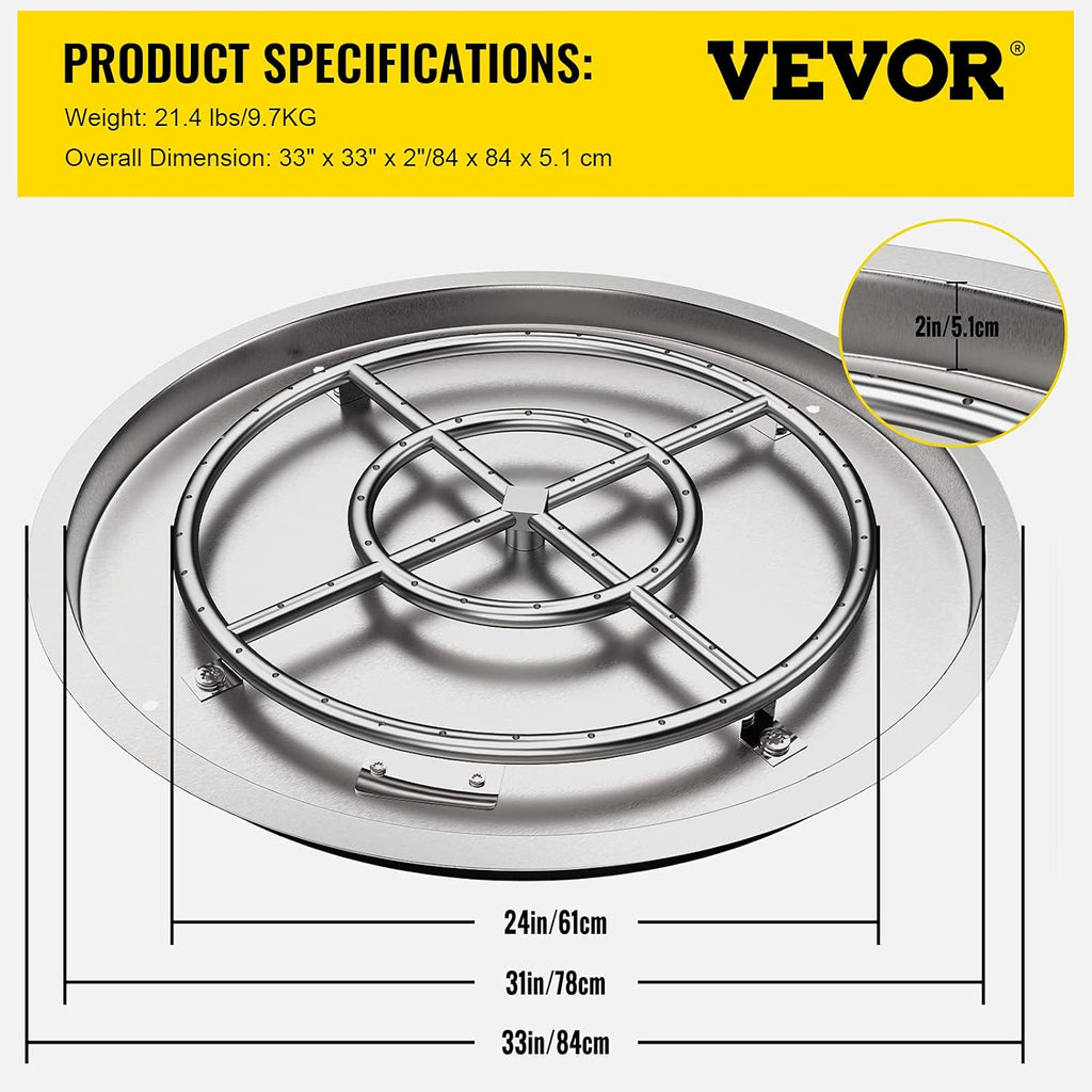 31 x 31 Round Stainless Steel Gas Fire Pit Burner Pan with Volcanic Rock Insert Q944121