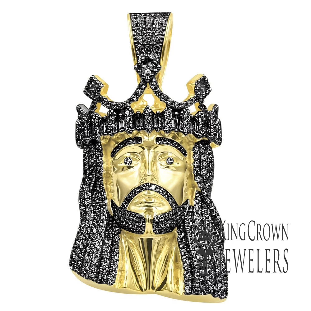 Real Yellow Gold Sterling Silver Black Simulated Diamonds Jesus Face Pendent Charm 2.25'' V270