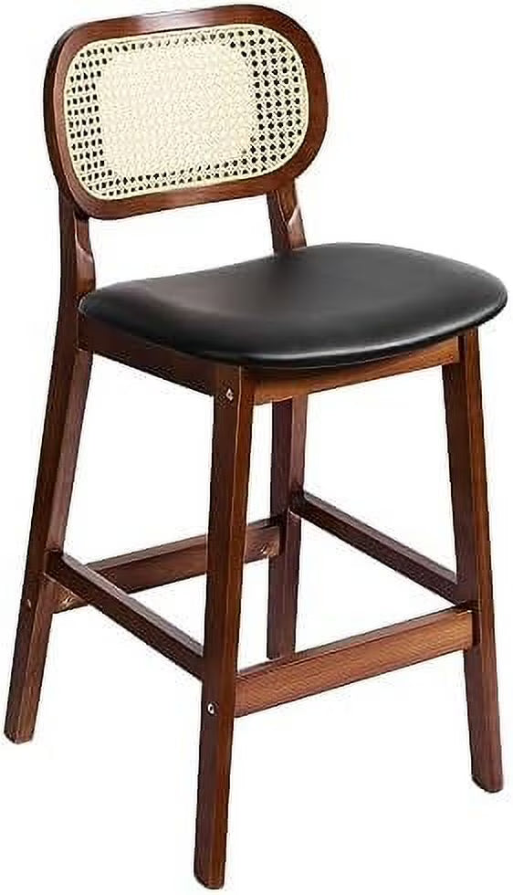 Black Leather Rattan Barstools Set of 2 with Wood Frame S690