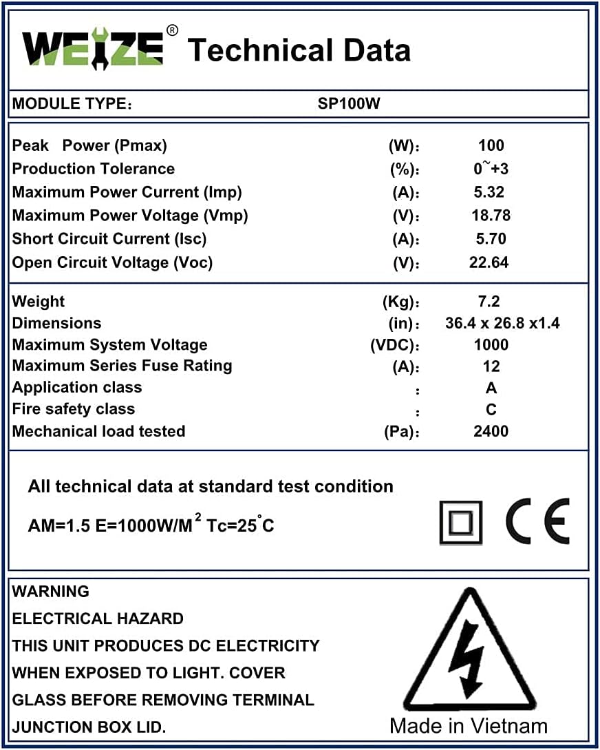 200 Watt 12 Volt Monocrystalline Solar Panel, 2 Pack of 12V 100W PV Module E5542