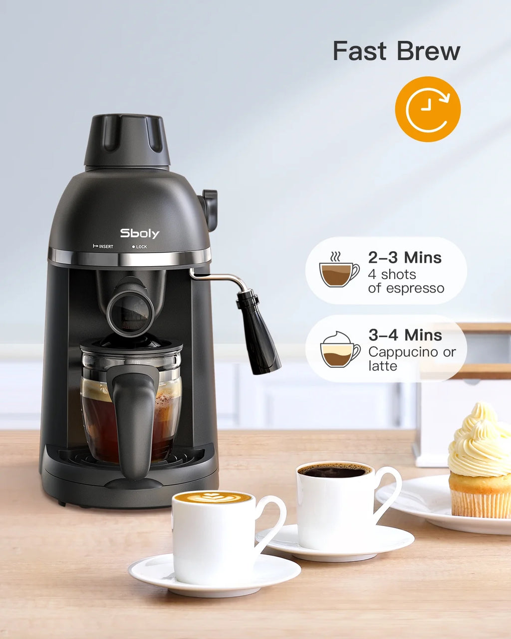 Espresso Machine with Milk Frother, 1-4 Cup Coffee Maker E242694